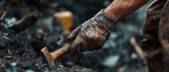 Fototapeta premium Intense close-up of miner hand handling intricate mining tools, emphasizing precision and strength in a gritty scene