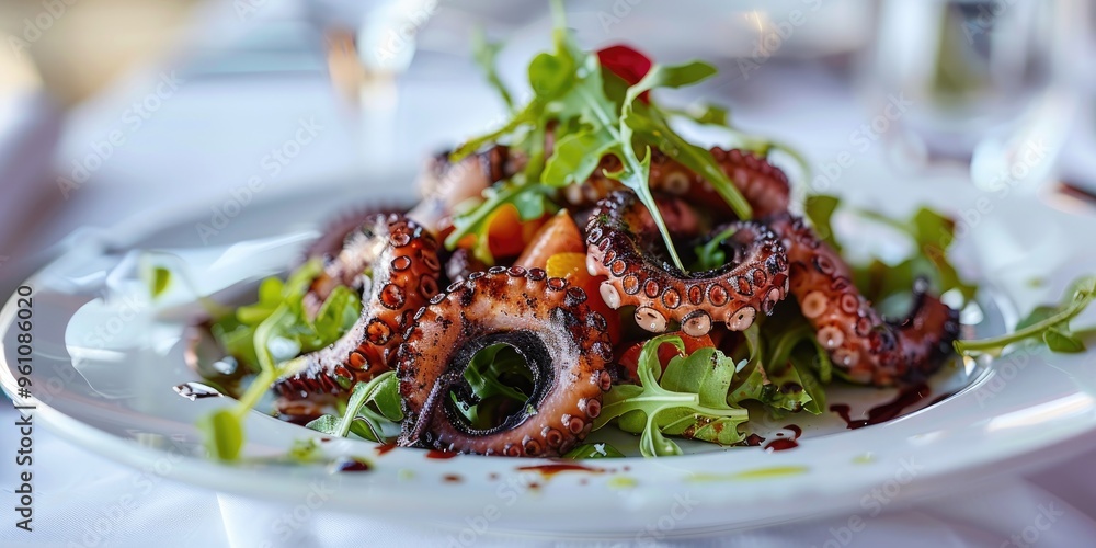 Wall mural detailed view of a grilled octopus salad presented on a clean plate atop a white table covering.