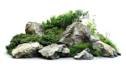 Natural landscape with rock and greenery in the garden isolated on white background for graphic design.