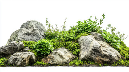 Natural landscape with rock and greenery in the garden isolated on white background for graphic design.