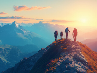 Hikers reaching a mountain summit with a breathtaking panoramic view. Show the hikers celebrating or taking in the view, with expansive mountain ranges and a clear sky in the background. The scene sho