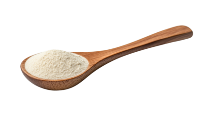 Milk organic powder in wooden spoon isolated on white background, side view.