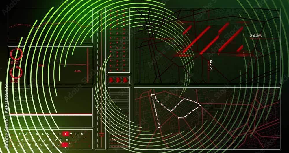 Poster green and red digital interface with circular patterns over data processing animation
