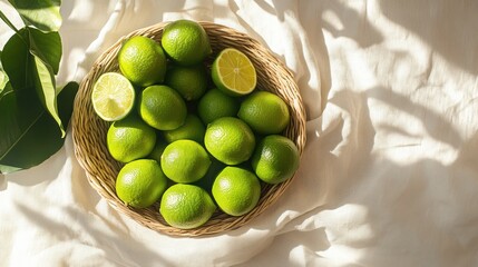 A basket showcasing bright green limes on a soft ivory studio backdrop, crisp and vibrant, top overhead view, copy space, limes, fruit basket, ivory backdrop, citrus photography, food 