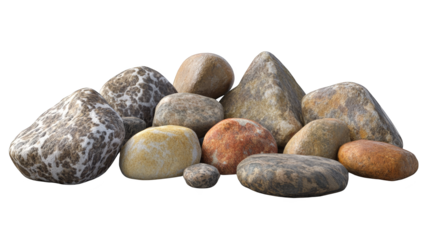 Collection of smooth river rocks isolated transparent background