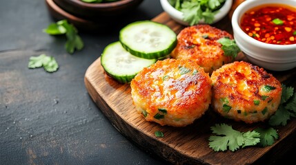 Thai fish cakes served with a side of sweet chili sauce, garnished with fresh cucumber slices and coriander on a wooden cutting board
