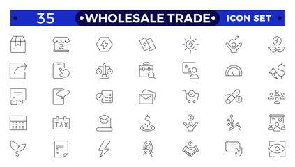 Wholesale icon set with merchandise, retailers, industrial, commercial, goods, bulk, consumer, buying and higher price. Wholesale Trade outline icon collection.