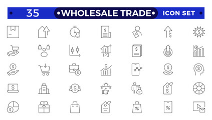 Wholesale icon set with merchandise, retailers, industrial, commercial, goods, bulk, consumer, buying and higher price. Wholesale Trade outline icon collection.