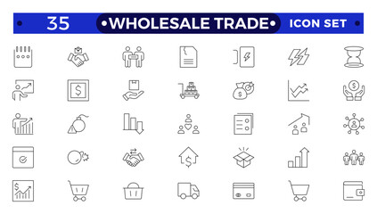 Wholesale icon set with merchandise, retailers, industrial, commercial, goods, bulk, consumer, buying and higher price. Wholesale Trade outline icon collection.