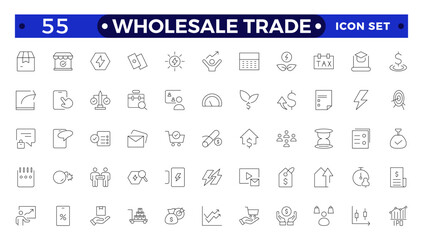 Wholesale icon set with merchandise, retailers, industrial, commercial, goods, bulk, consumer, buying and higher price. Wholesale Trade outline icon collection.