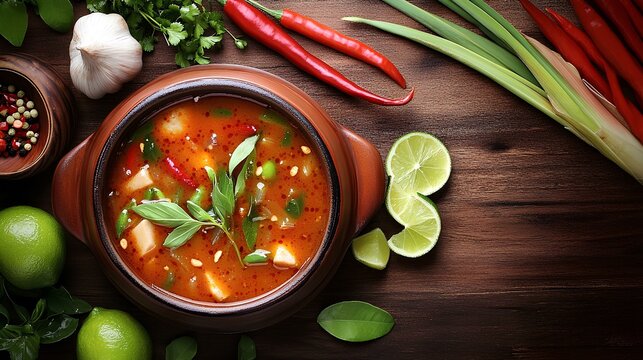 Aromatic tom yum soup in a clay pot, garnished with fresh lemongrass, lime leaves, and chili peppers, surrounded by traditional Thai ingredients