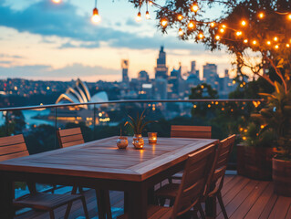 Rooftop Dining City Lights  Harbor Opera House View Sydney Sunset Outdoor dinner party blank Evening Ambiance String Lights Wooden Table Urban Scenic empty backdrop background mockup simple nobody