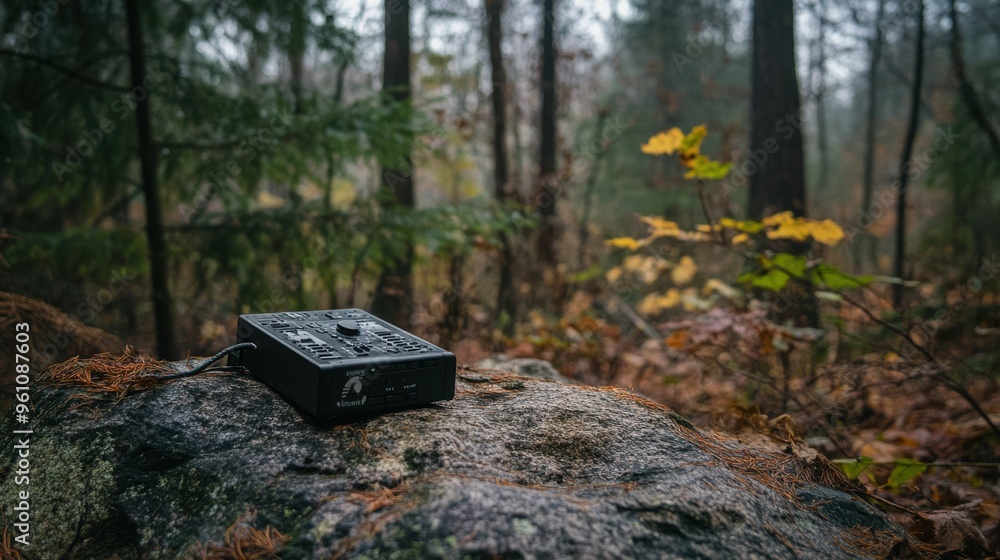 Poster a compact handheld field recorder with built-in microphones placed on a rock, capturing ambient natu