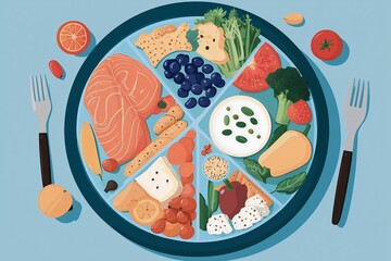 Colorful illustration of a balanced meal with fish, vegetables, fruits, and dairy on a divided plate for healthy eating.