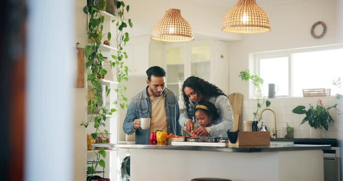 Parents, girl and happy with cooking in kitchen at home for bonding, teaching and support. people, family and smile or excited on preparing dinner with ingredients or vegetable for child development