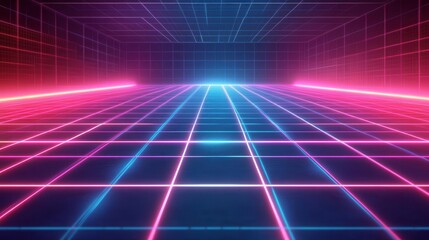 A vibrant retro futuristic grid landscape featuring neon lights in pink and blue, creating a mesmerizing digital atmosphere.