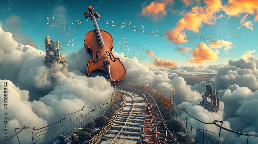 Aufkleber a mesmerizing image of a violin positioned on a railway that seems to lead into the clouds. musical 