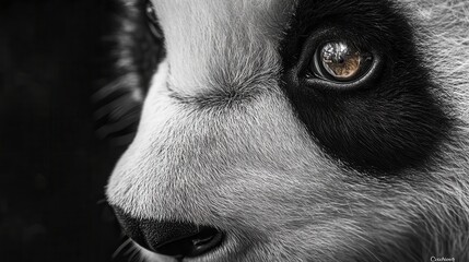 Zoomed-in close-up of a panda, focusing on one side of its face, with an eye staring directly at the camera