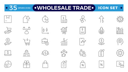 Wholesale icon set with merchandise, retailers, industrial, commercial, goods, bulk, consumer, buying, and higher price. Wholesale Trade Editable stroke outline icon.