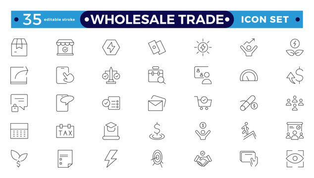Wholesale icon set with merchandise, retailers, industrial, commercial, goods, bulk, consumer, buying, and higher price. Wholesale Trade Editable stroke outline icon.