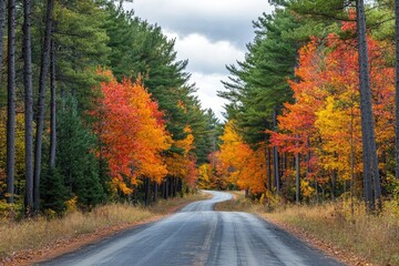 Obraz premium Scenic drive through autumnal pine forest, colorful foliage lining the road