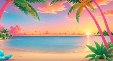 Obraz premium A tranquil sunset on a tropical beach with calm waves, palm trees swaying, and vibrant hues of orange and pink reflecting on the serene water. Perfect for relaxation, vacation, and peaceful nature set