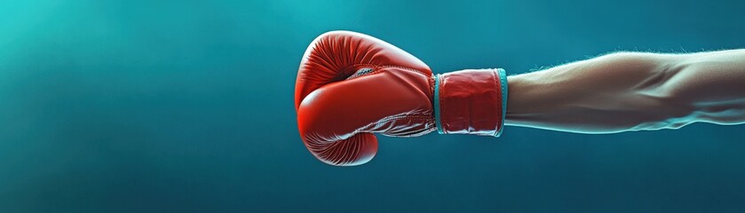 One hand in a boxing glove pulling tight the wrist wraps of the other hand. Bright light with a clean, minimal background.