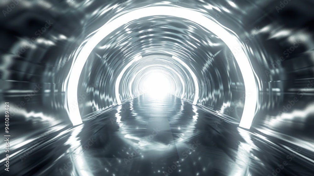 Poster a sleek, metallic tunnel leads to a bright, glowing exit. the smooth, reflective walls and circular 
