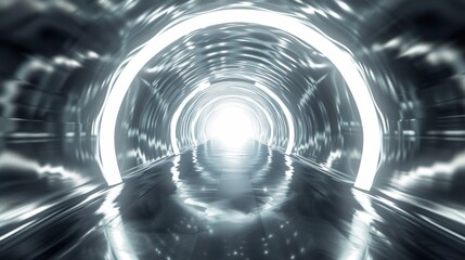 Naklejka premium A sleek, metallic tunnel leads to a bright, glowing exit. The smooth, reflective walls and circular design create a sense of forward motion, emphasizing the tunnel