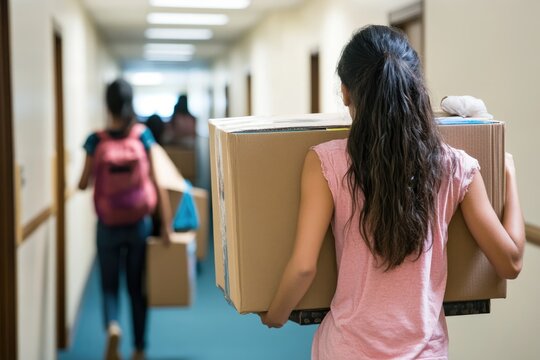 Family carrying boxes and bags into a dormitory, preparing to help their student settle in for the school year