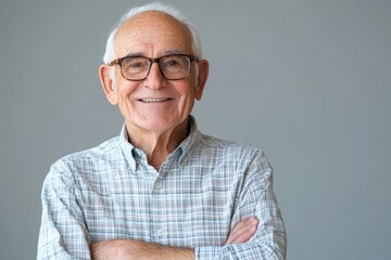 Elderly man, smiling broadly, standing against a solid light gray background with room for messaging