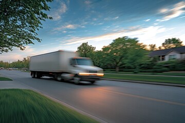 Obraz premium A transport truck racing through a quiet suburban street, with motion blur emphasizing the speed and efficiency of last-mile delivery services