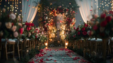 Romantic Wedding Ceremony Aisle Decorated with Flowers and Candles