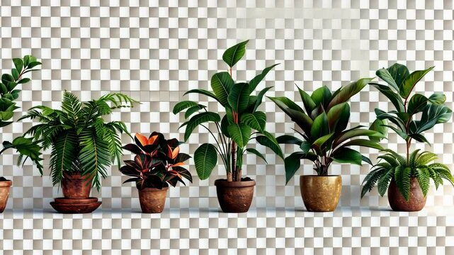 Explore a variety of indoor plants displayed in decorative pots against a transparent background