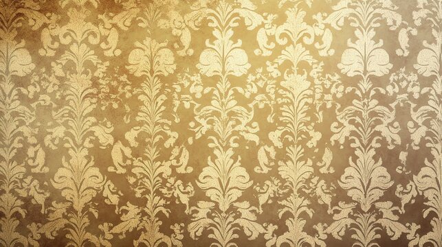 Vintage gold damask pattern on brown textured background.