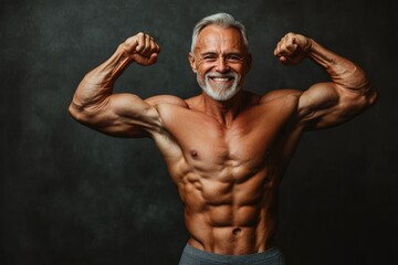 Obraz premium A fit senior man with a powerful physique, smiling confidently and flexing his biceps against a solid background