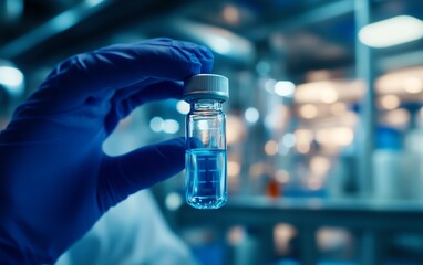 Lab technician holding a vial of bioengineered enzymes in a modern, hightech biotechnology facility