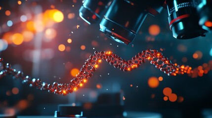 Microscope image of modified DNA strands displayed on advanced digital equipment in a biotech lab
