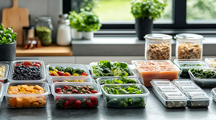 A meal prep scene with containers of healthy food laid out on a kitchen counter, showcasing an organized approach to healthy eating 