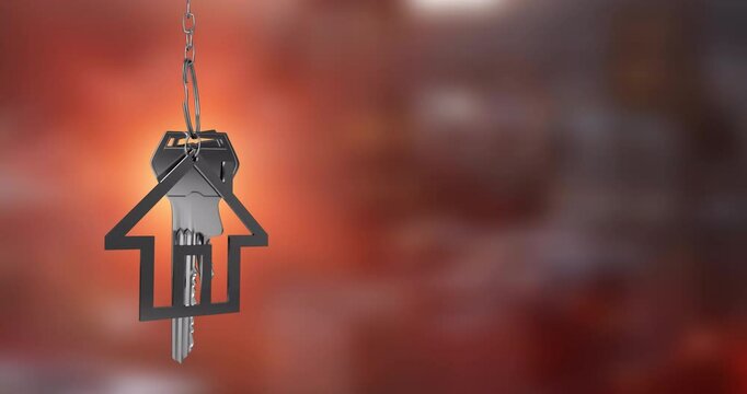 House-shaped keychain animation over blurred red background