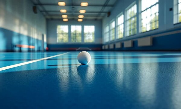 A white ball lying on a blue court in a gym