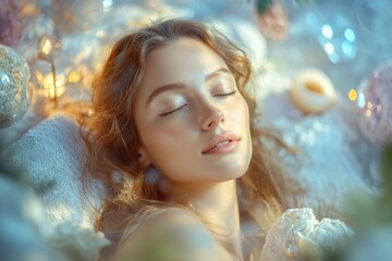Naklejka premium High-resolution brightly lit photorealistic candid photograph of a beautiful presenter woman in a spa, surrounded by calming spa decorations, basking in the serene atmosphere and soft lighting. The