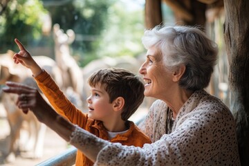 High-resolution brightly lit photorealistic candid photograph of a grandmother and grandchild exploring a zoo together, pointing out animals and sharing excitement. The photograph is styled like a