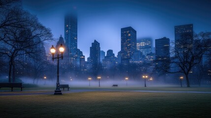 Fototapeta premium Nighttime Cityscape with Illuminated Buildings and Skyline
