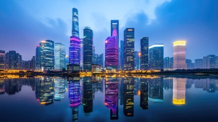 Nighttime Cityscape with Illuminated Buildings and Skyline