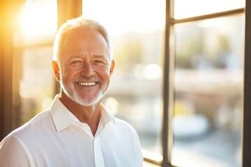 Fototapeta premium High-resolution brightly lit photorealistic candid photograph of a happy senior businessman styled in a high-end lifestyle magazine. The light, bright ambiance accentuates his joyful expression.