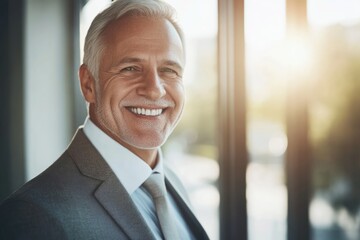 Fototapeta premium High-resolution brightly lit photorealistic candid photograph of a smiling senior businessman, styled in a high-end lifestyle magazine. The light, bright setting highlights his joyful demeanor.