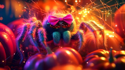 Cute Spider with Bow and Sunglasses on a Pumpkin Patch