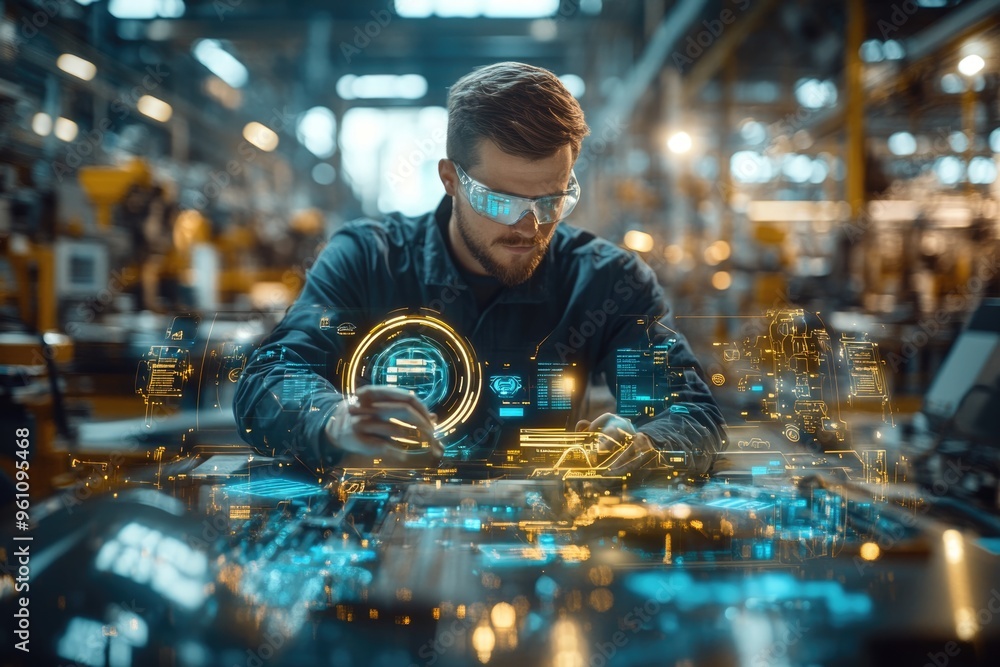 Poster very realistic and photographic photo of an engineer working with futuristic holographic interfaces 