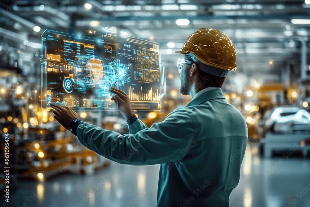 Poster very realistic and photographic photo of an engineer interacting with futuristic holographic display